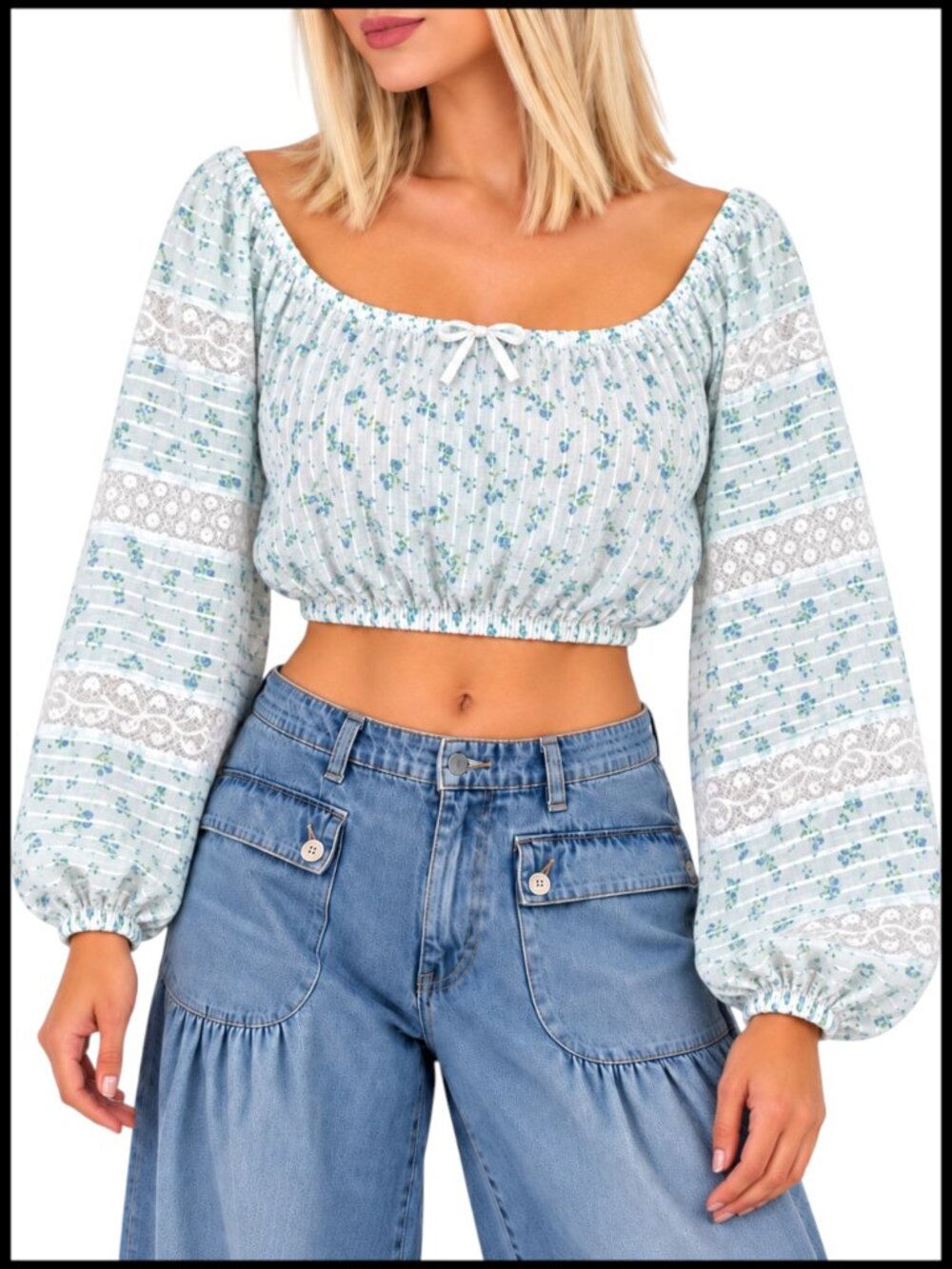LoveShackFancy Albertina Crop Top Blue Floral Lace Balloon Sleeve M